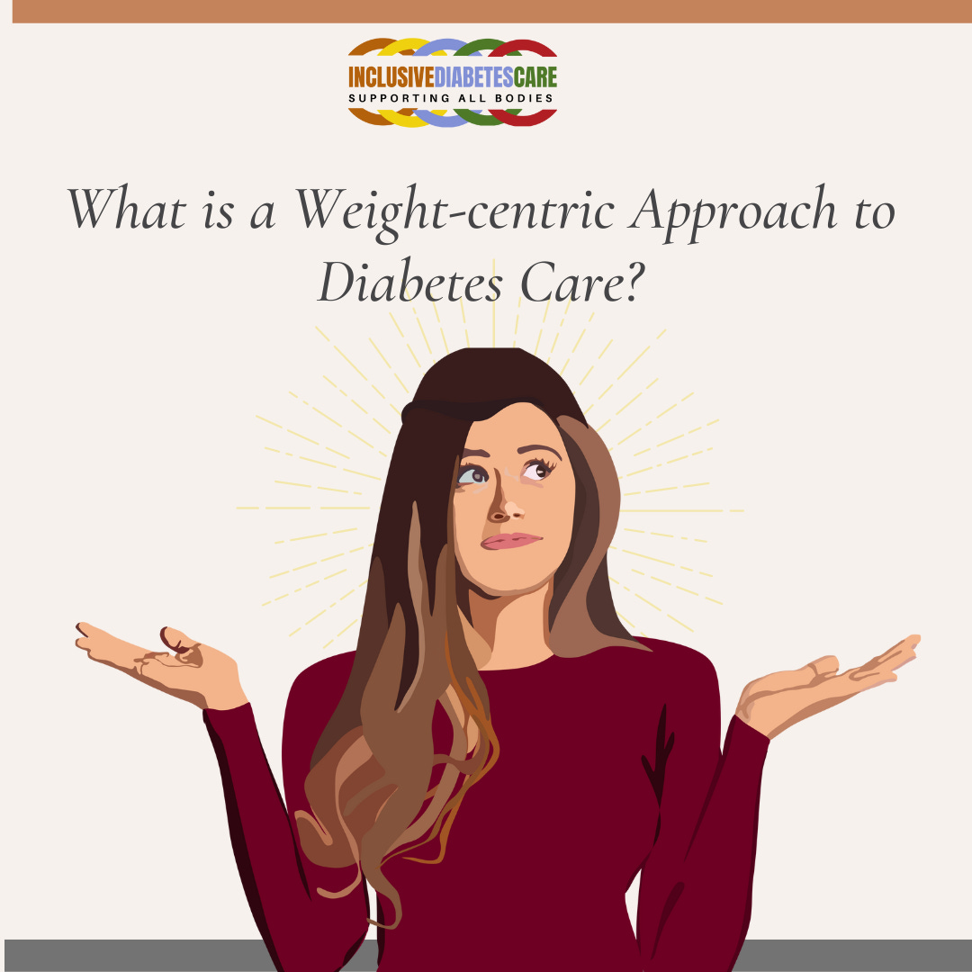 A average weight 30 something year old women with her hands up in a look of wonder with the caption What is a Weight-Centric Approach to Diabetes Care?