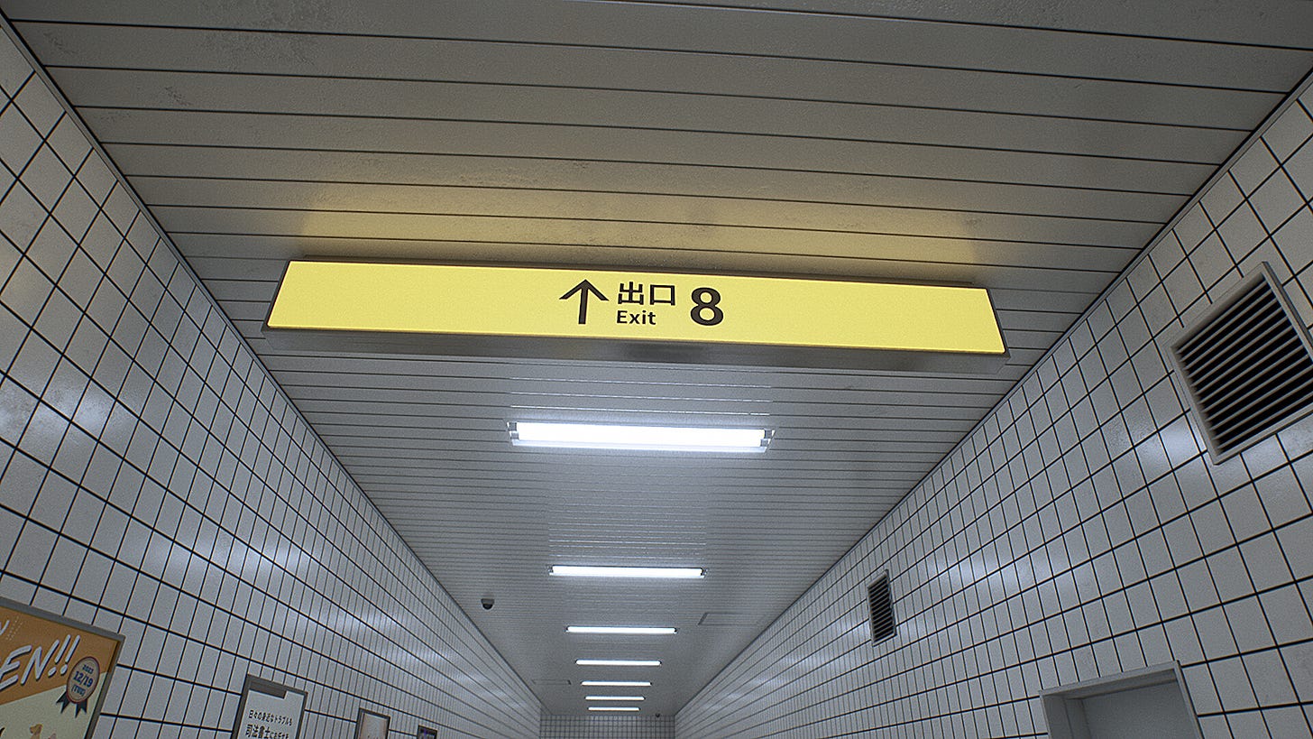 A sign of "Exit 8" in a subway