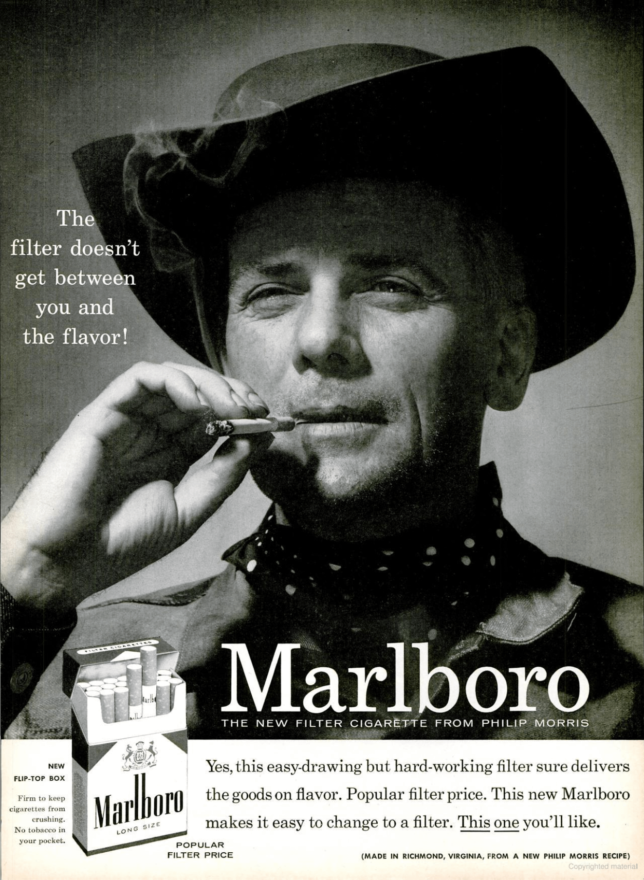 The filter doesn't get between you and the flavor!" One of the first " Marlboro Men" Cowboy Ads, 1955 : r/vintageads