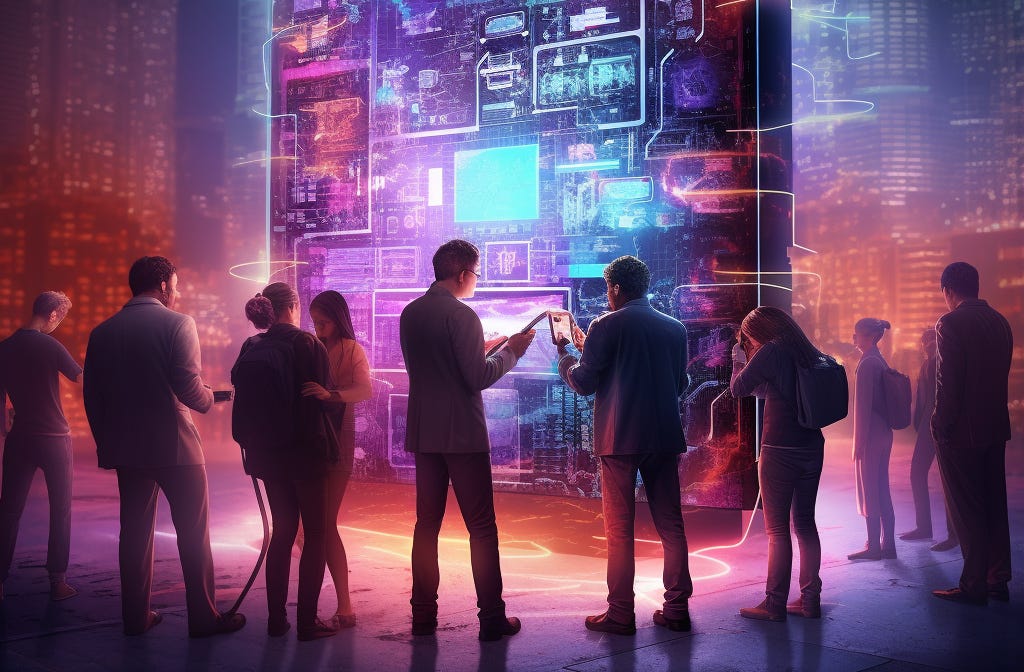 People collaborating around a futuristic-looking mainframe computer.