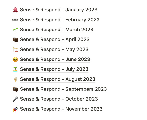 A list of all the monthly sense and respond sessions of 2023