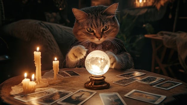 A charming cat in a fortune teller outfit examines a crystal ball and tarot  cards | Premium AI-generated image