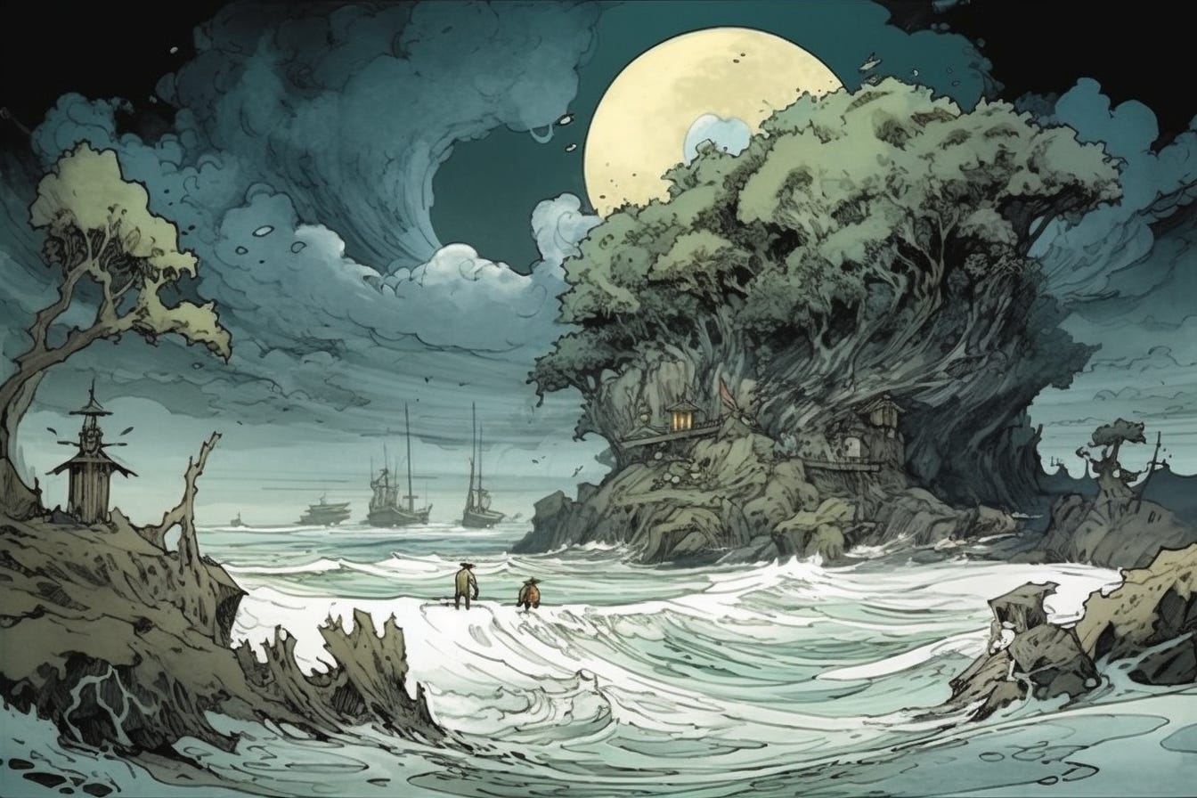 illustrated by Jamie Hewlett, tide of the shore, seascape