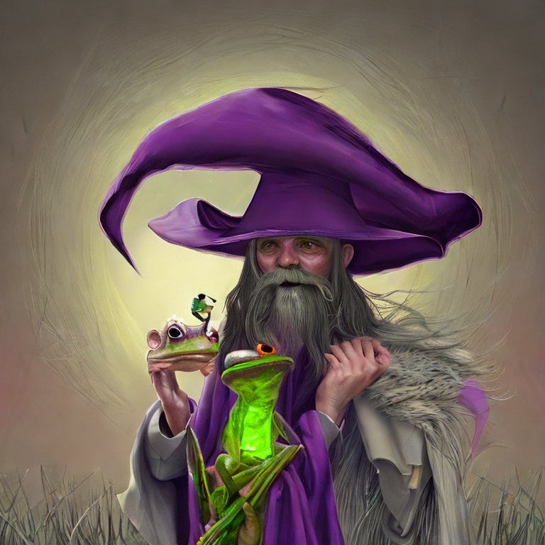 A wizard with a comically-large hat holding a frog