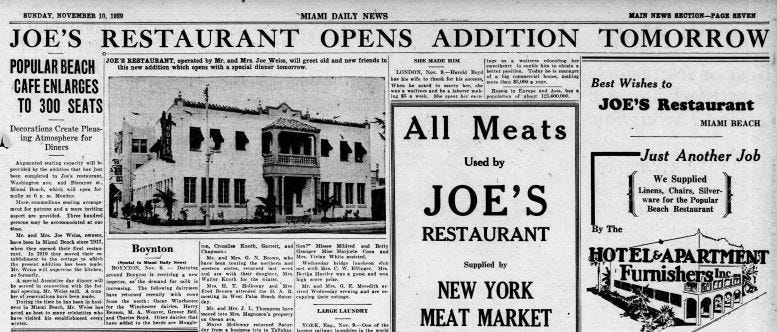 Figure 6: Article in the Miami Daily News announcing the opening of the new restaurant building on Sunday, November 10, 1929.