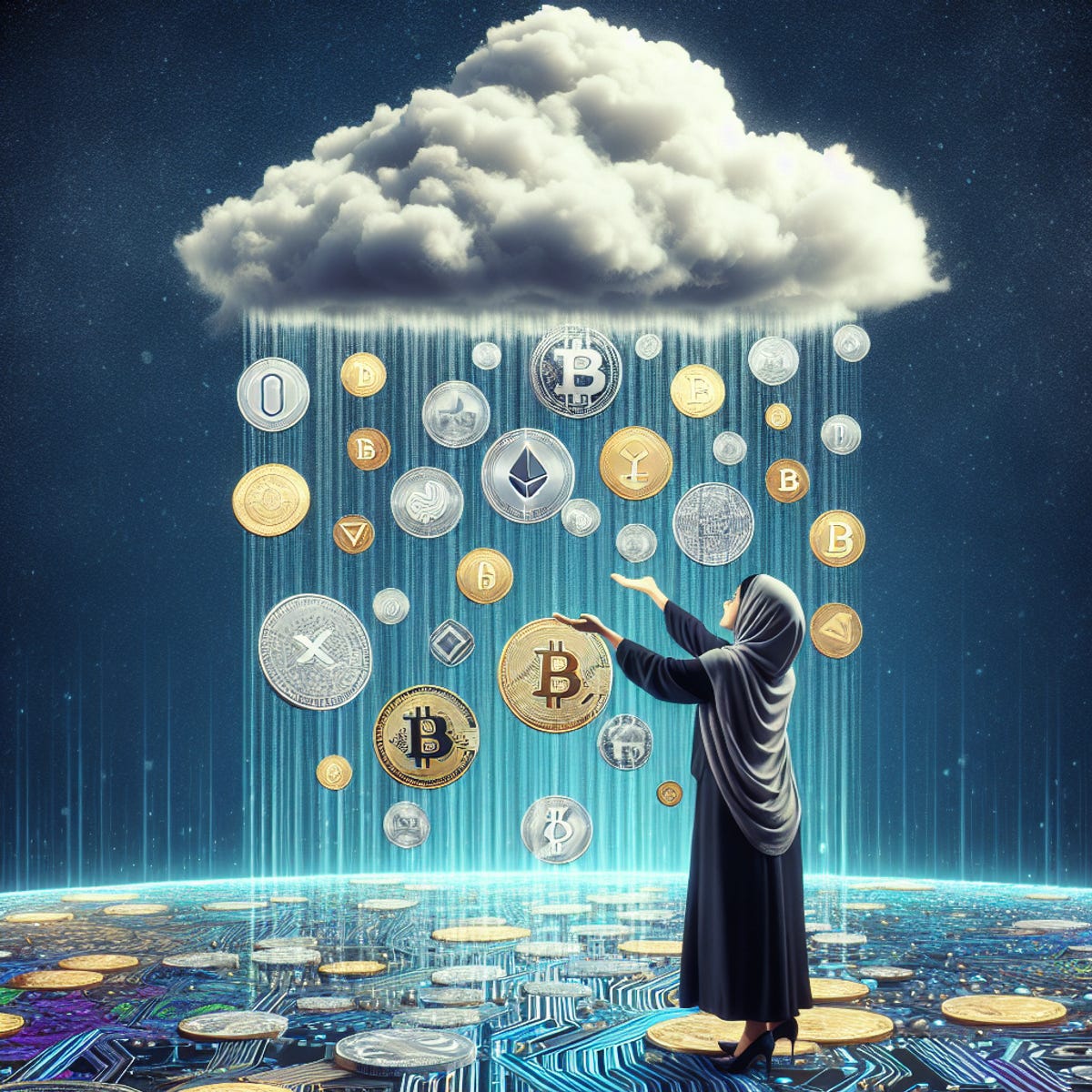 A woman holding a cloud with various cryptocurrencies raining down.
