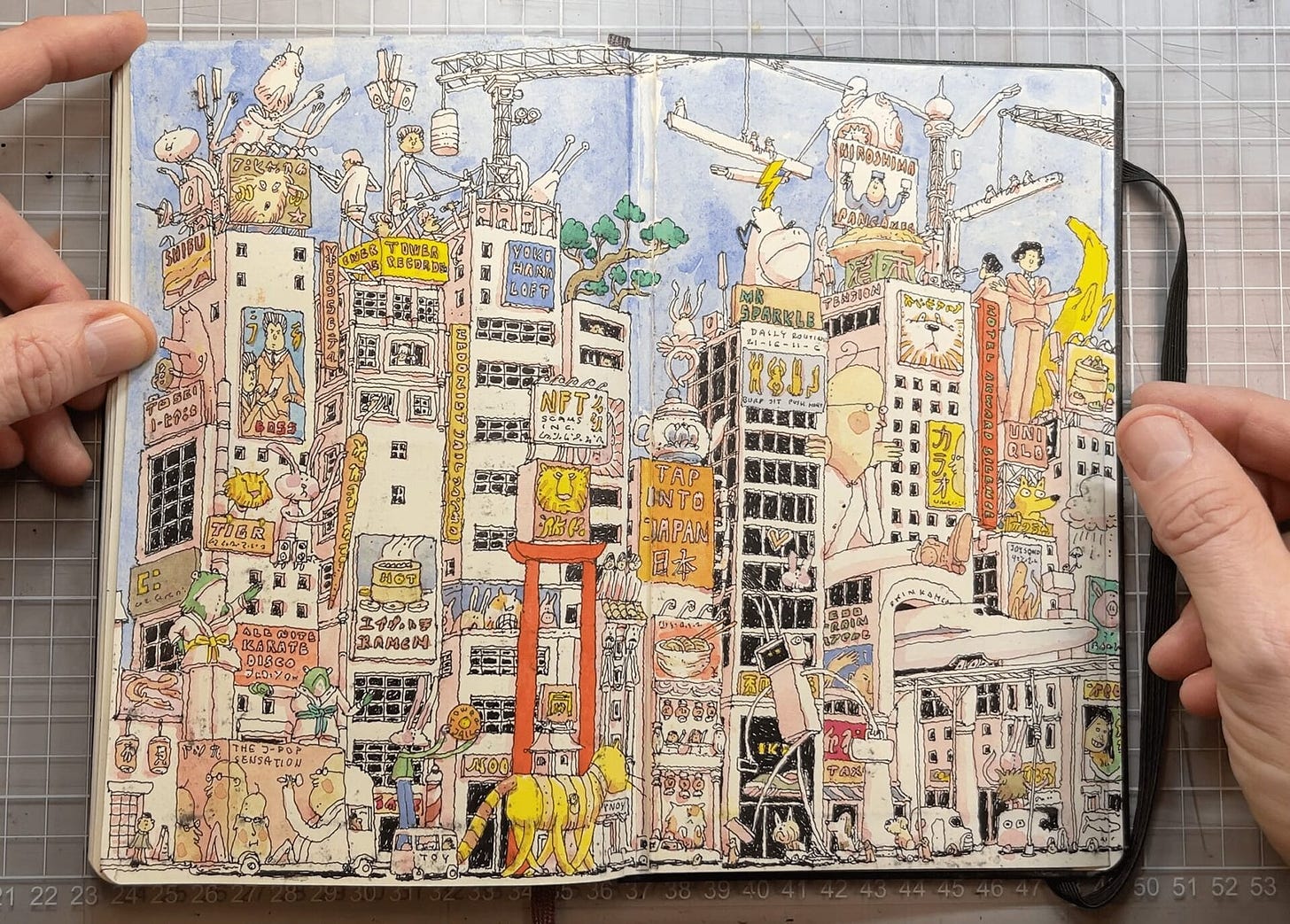 A spread of an illustrated sketchbook.