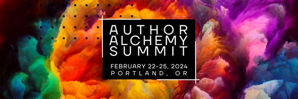 Logo: Rainbow swirl background image with the words Author Alchemy Summit, February 22-25, 2024, Portland, OR