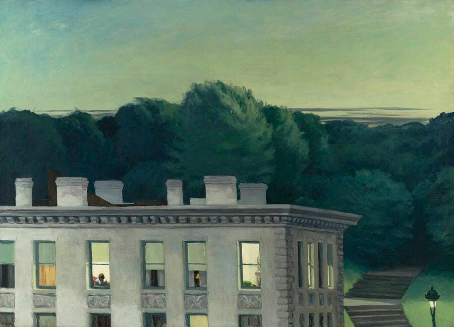 A subly askew painting of a pre-war apartment building with a treeline in the background at dusk, with figures in the windows, painted by Edward Hopper.