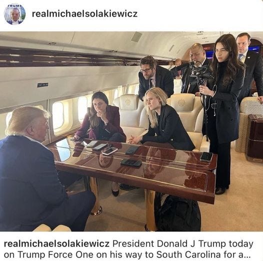 May be an image of 8 people, people sitting and text that says 'TRUM realmichaelsolakiewicz realmichaelsolakiewicz President Donald J Trump today on Trump Force One on his way to South Carolina for a...'