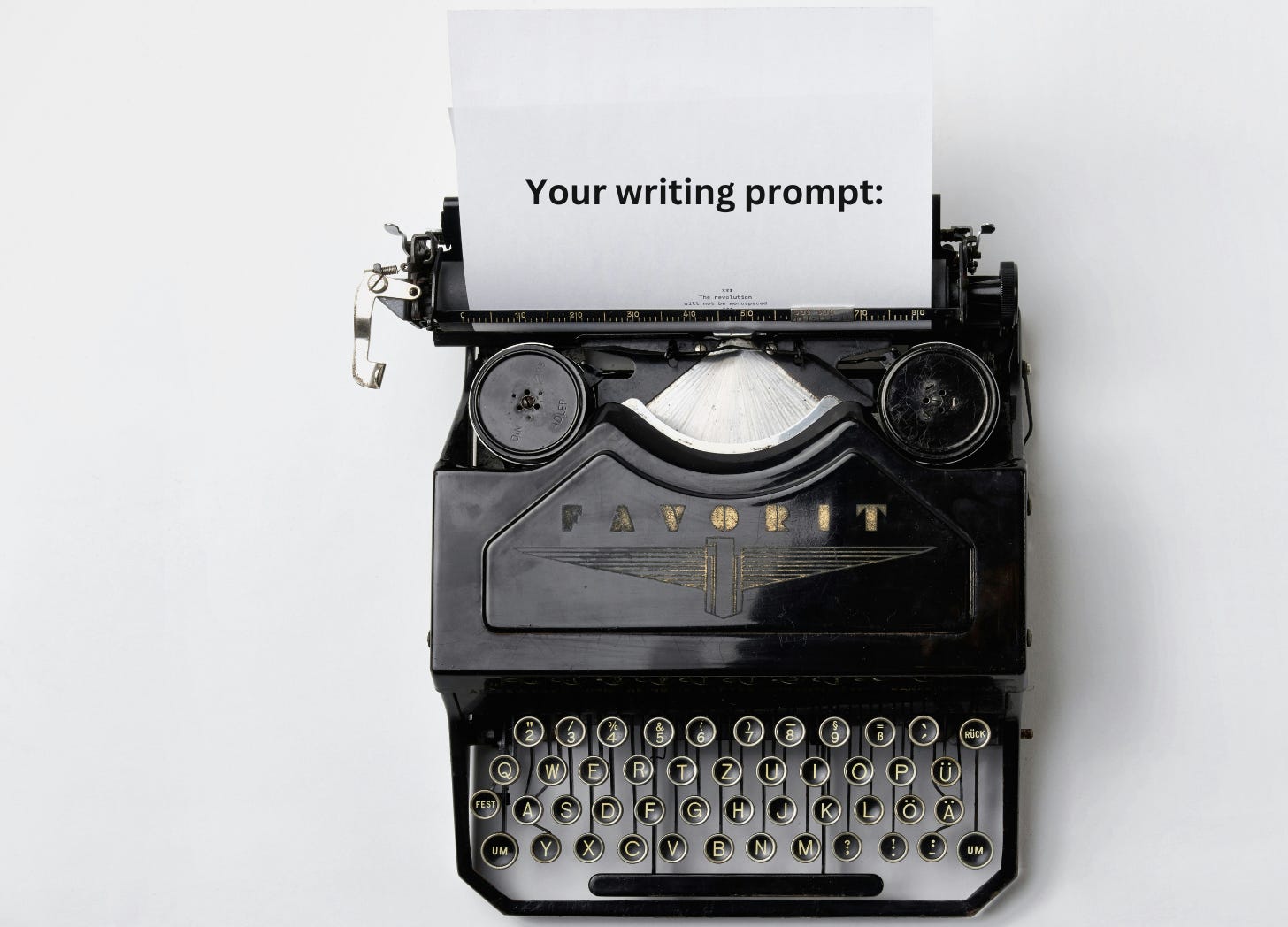 Black typewriter with white paper. Message reads: "Your writing prompt..."