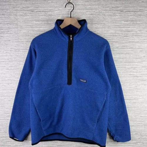 VINTAGE Patagonia Jacket Mens Medium Blue Synchilla Fleece Quarter Zip 90s Logo - Picture 1 of 12