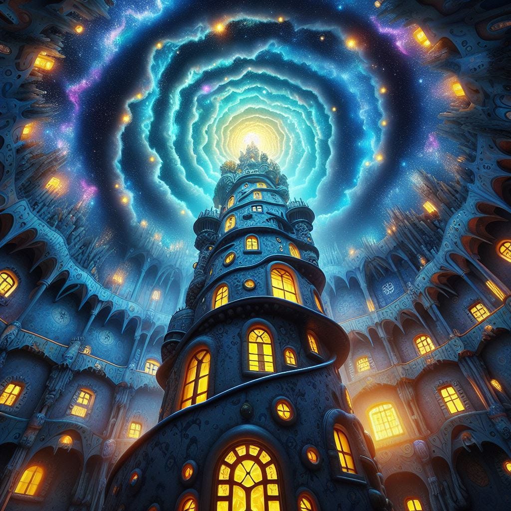 Hyper realistic; tilt shift;a galaxy in a black hole, bioluminescent coral , see through.  with coral Quatrefoil: cream Gothic Tracery: Louver  yellow and chartreuse decorative ceiling tiles.Hundertwasserhaus, Vienna, Austria: asian pagoda. blue sky, prisms of light on string.Vast distance..Noctilucent Clouds  spiraling into a portal. Radiant. Ethereal