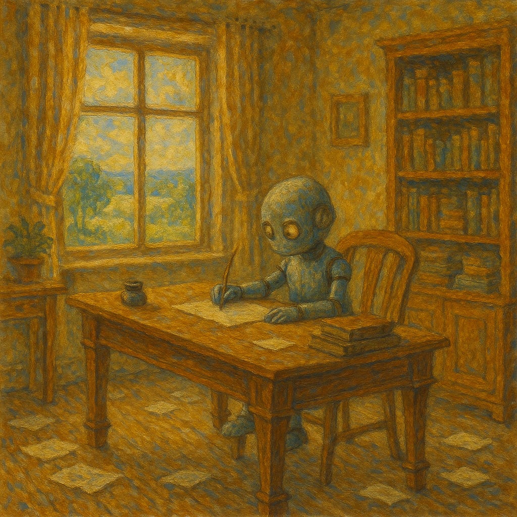 A small robot with a round head and large eyes sits at a wooden table, writing on a sheet of paper with a quill pen. The scene is rendered in a painterly, textured style with warm, earthy tones. The room features a large window with curtains, a view of trees and a blue sky outside, a tall bookshelf filled with books, a side table with a potted plant, and scattered sheets of paper on the wooden floor. A small robot with a round head and large eyes sits at a wooden table, writing on a sheet of paper with a quill pen. The scene is rendered in a painterly, textured style with warm, earthy tones. The room features a large window with curtains, a view of trees and a blue sky outside, a tall bookshelf filled with books, a side table with a potted plant, and scattered sheets of paper on the wooden floor.