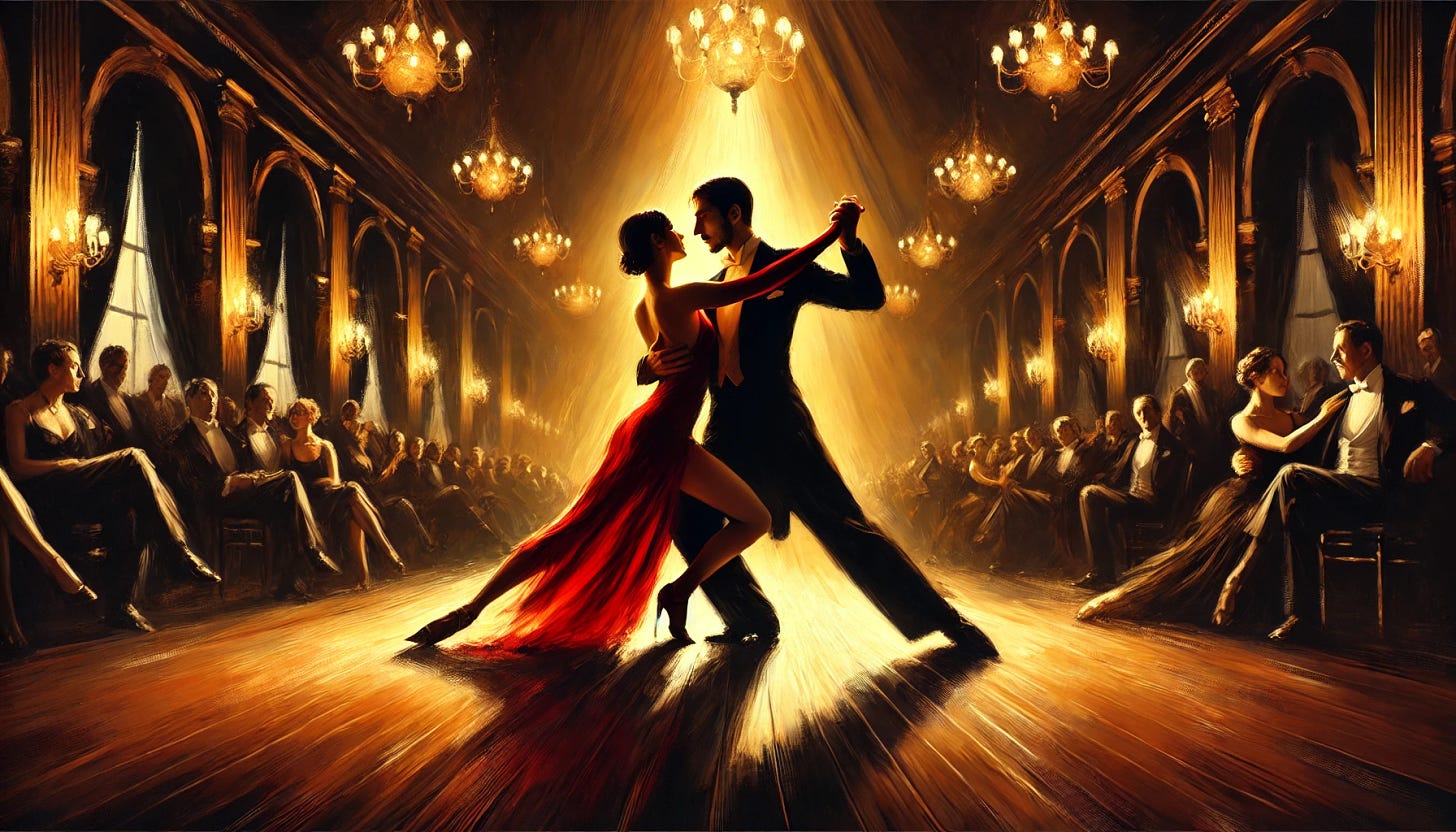 A digital painting of a white man and Black woman performing a passionate tango, the man wearing a sharp black suit, the woman in a red flowing dress, both in a close embrace. The background is a dimly lit ballroom with a polished wooden floor and large chandeliers. Warm, dramatic lighting casts deep shadows and highlights the intensity of their movements. Created Using: dynamic brush strokes, chiaroscuro lighting, rich textures, warm color palette, intricate details, emotional intensity, high contrast, impressionistic influences.