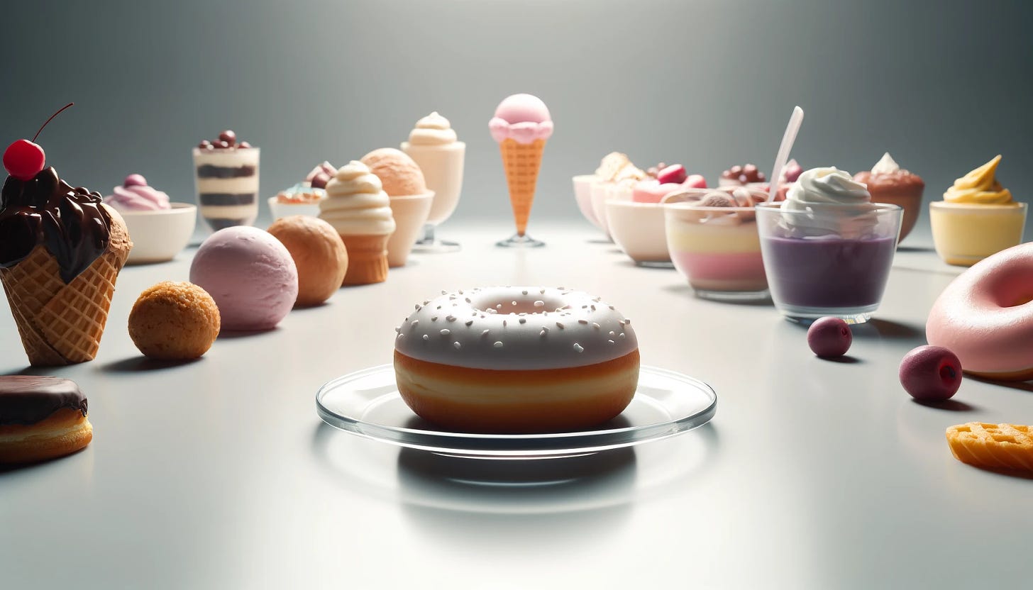 A minimalist and sophisticated 16:9 ratio image representing a contemplative moment with a variety of desserts visible. The setting is calm and serene, featuring a lone donut prominently in the foreground, surrounded by subtle hints of other sweets like ice cream, parfaits, and creams, reflecting a deep reflection on personal preferences versus societal stereotypes. The overall design is clean, with few elements, conveying a thoughtful and introspective mood.