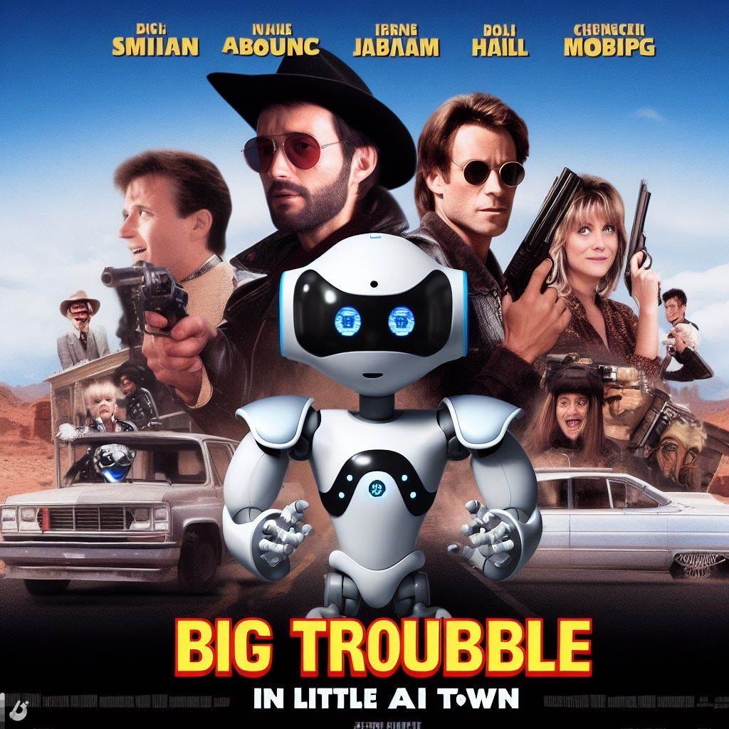 Recreate the poster from the movie, Big Trouble in Little AI. But replace the main character with an AI and make the title, "Big Trouble in Little AI town"