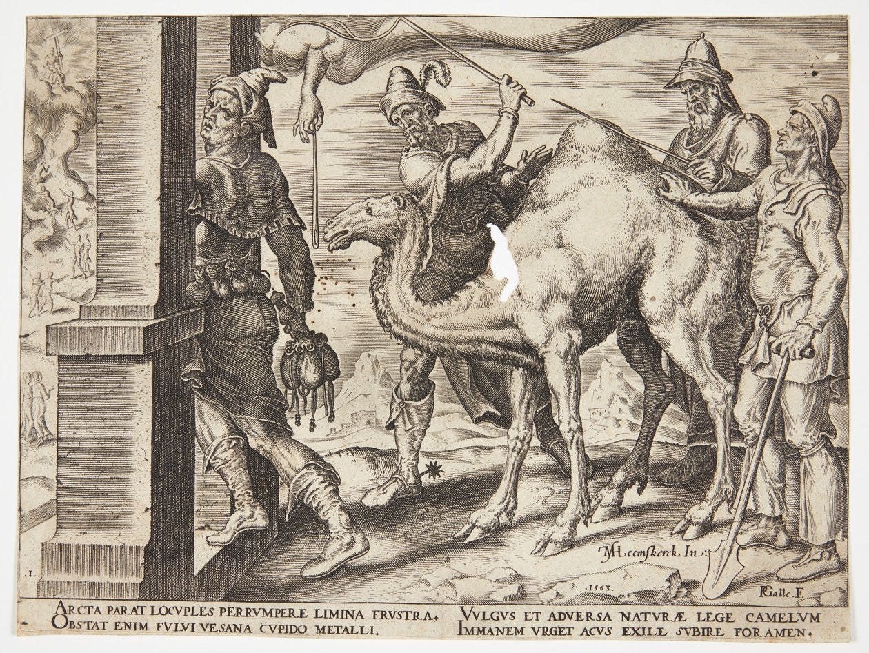 It is easier for a camel to pass through the eye of a needle than for a rich man to enter the Kingdom of God by Philips Galle