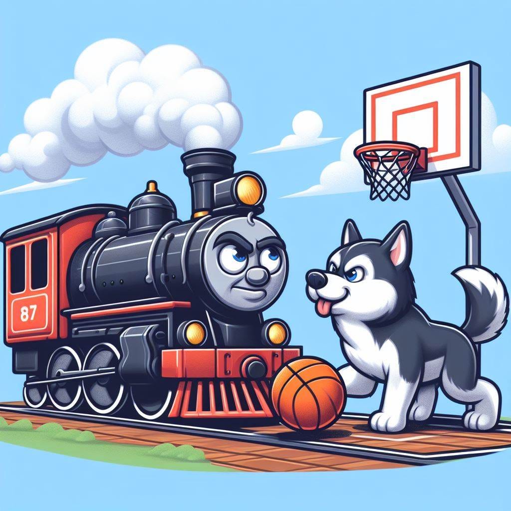a steam train playing basketball against a huskie, one-on-one, they're mad at each other and determined, in cartoon style