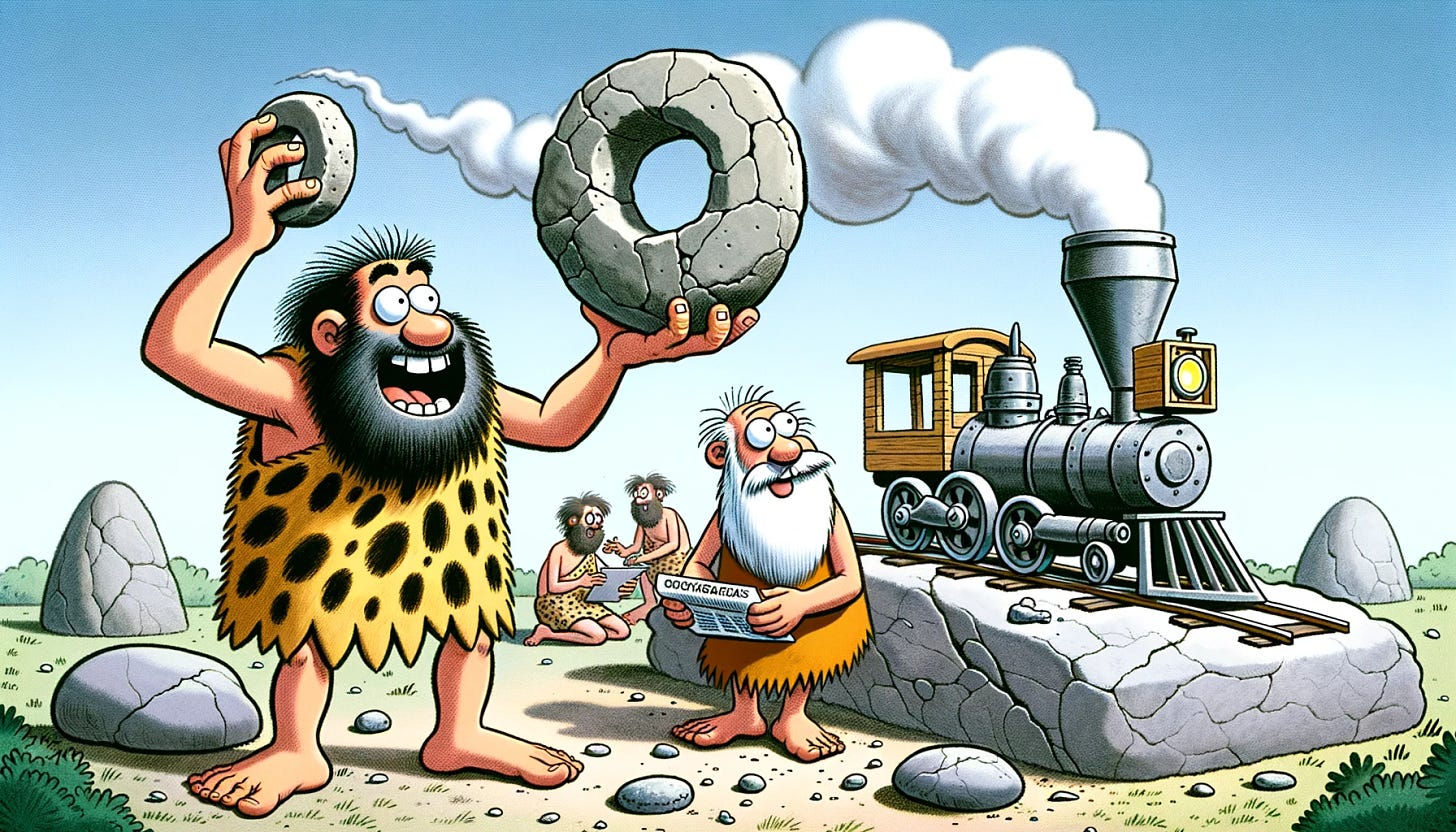 Cartoon set in a prehistoric setting where a male caveman is enthusiastically presenting a newly invented stone wheel to a fellow male caveman. The wheel is made of solid rock and is placed beside them. The friend seems impressed. Yet, in the background, unbeknownst to them, another caveman of a different descent is busily assembling a rudimentary steam-powered train with visible steam emitting from it, signifying its operation. The scene humorously highlights the rapid progression of technology.