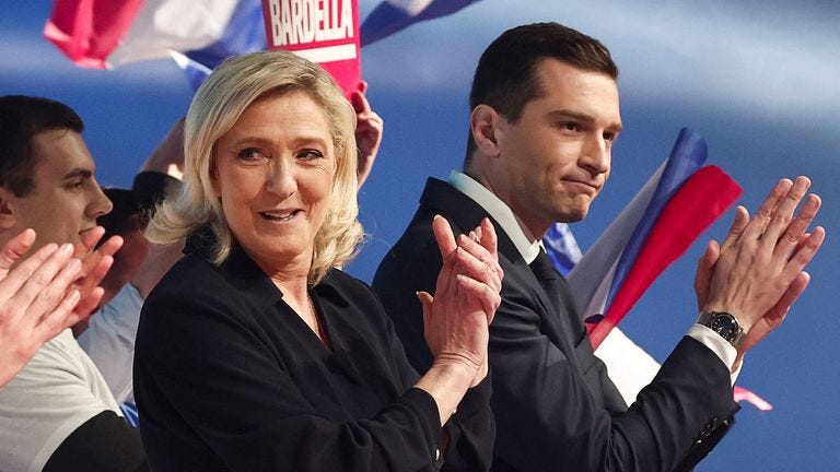 President of the French far-right National Rally (Rassemblement National-RN) party Jordan Bardella and Marine Le Pen, parliamentary party leader of the French far-right National Rally, attend a political rally to launch the party's campaign for the European elections, in Marseille, France, March 3, 2024. REUTERS/Gonzalo Fuentes