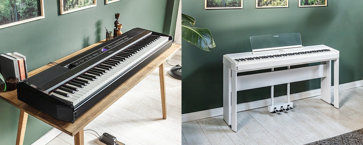 Left: The P-525B on a desk.  Right: The P-525WH on an optional stand with three-pedal unit