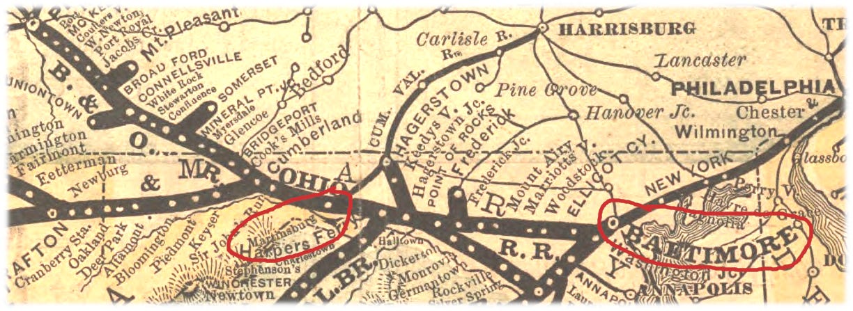 Map showing route from Baltimore to Martinsburg