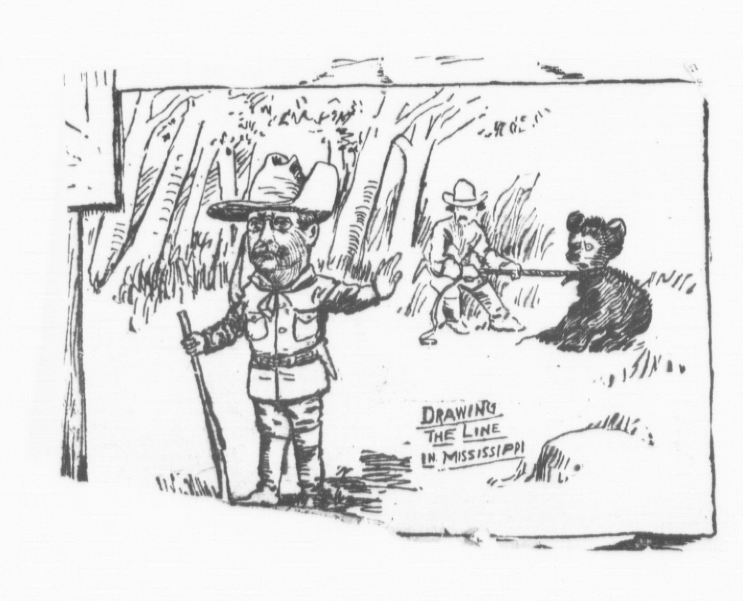 A cartoon of Theodore Roosevelt refusing to shoot a bear that is tied up. The cartoon is entitled "Drawing the Line in Mississippi."