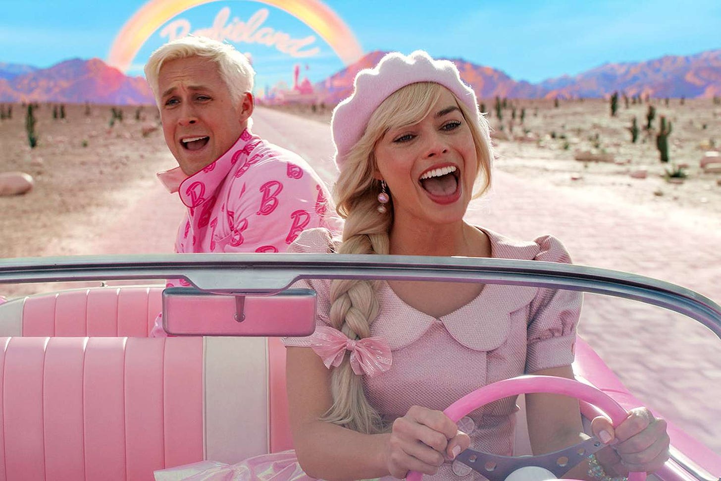 Margot Robbie and Ryan Gosling in the car in Barbie.