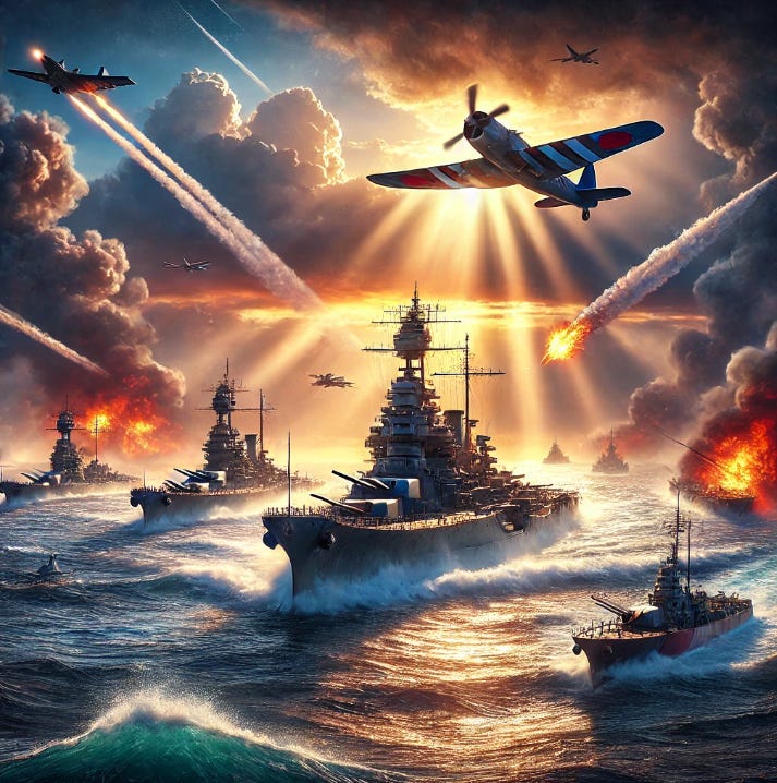 Vivid AI image of a Naval Armada at sea. It's an unsettling picture with the sun shining through the dark. At least seven naval combatants and several aircraft are in formation while a battle appears to be raging.