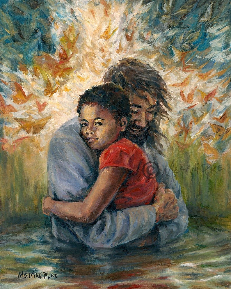 Embracing Forgiveness Oil Painting or Print of Jesus Christ Holding Child, Spiritual Faith Art, Nature and Butterflies image 1