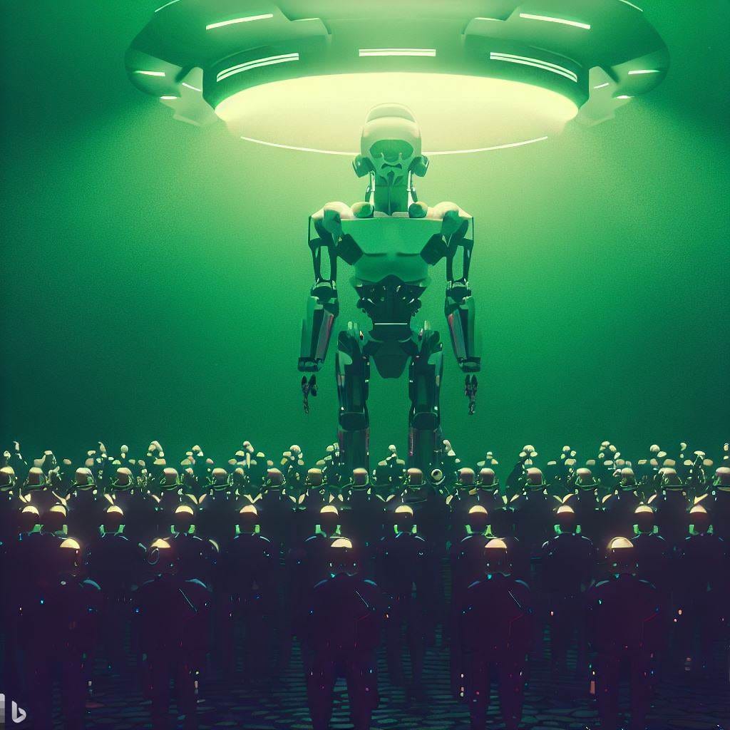 a photorealistic image of a cyberpunk world where one really smart AI model towers over many androids with a hexagonal halo over its head. Make it in a slight green tint.