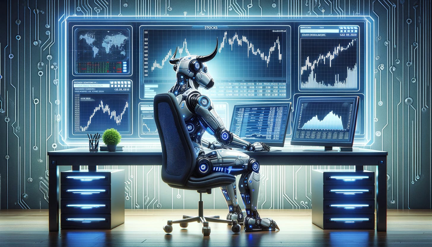 A futuristic, robotic, anthropomorphic bull is sitting at a desk filled with high-tech financial analysis tools, screens displaying stock charts, and data streams. The bull is focused on researching stocks, with graphs showing significant market outperformance. The setting is sleek and modern, emphasizing the advanced nature of the security selection system. The background includes elements of technology and finance, such as circuit patterns and financial symbols. The overall theme is one of innovation and success in financial markets. The image is designed to be in a rectangular shape suitable for social media previews.