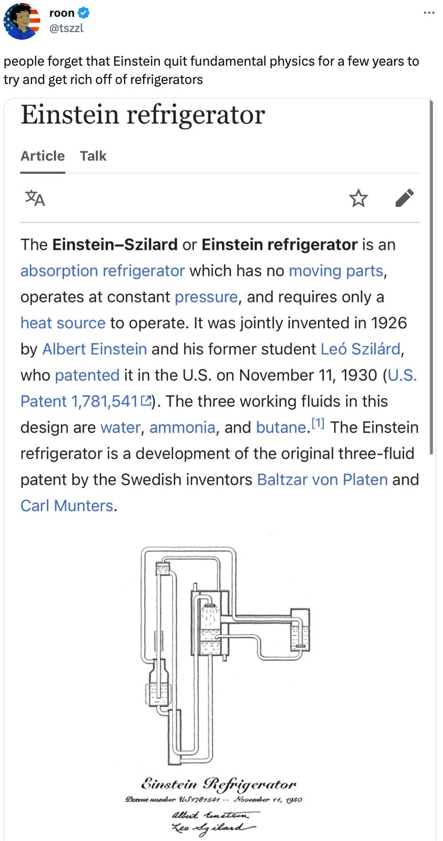  See new Tweets Conversation roon @tszzl people forget that Einstein quit fundamental physics for a few years to try and get rich off of refrigerators