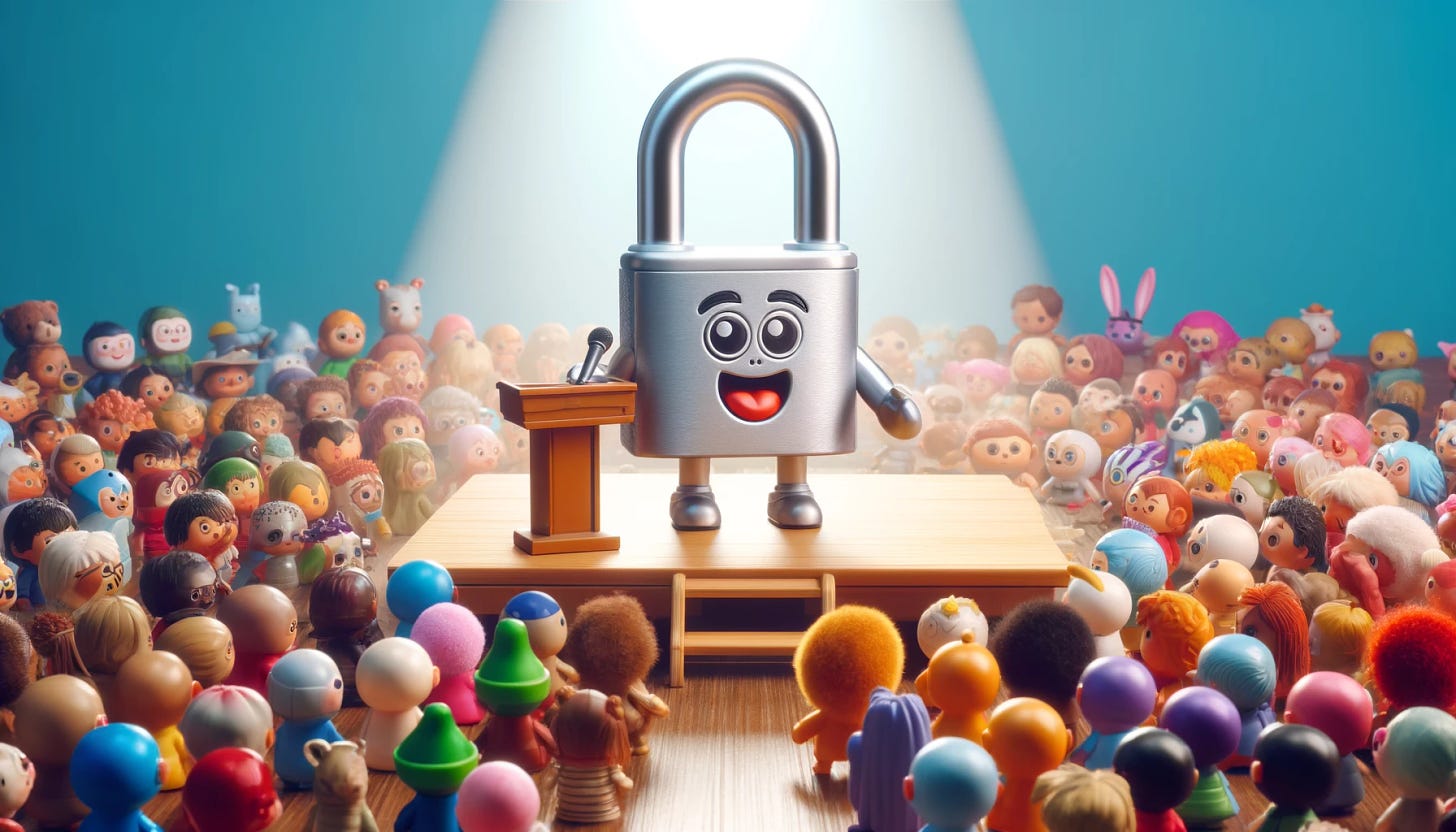 A horizontal image of a toy lock standing on a small podium, addressing an enthusiastic crowd. The toy lock has cartoonish eyes and a mouth, giving it a lively and expressive appearance. The audience consists of various other toys, all looking up at the lock with excitement and anticipation. The setting is a brightly lit stage with a spotlight on the lock, highlighting it as the focal point. The crowd is diverse, with toys ranging from stuffed animals to action figures, each displaying a keen interest in the lock's speech. The background is filled with colorful banners and balloons, adding to the festive and vibrant atmosphere.