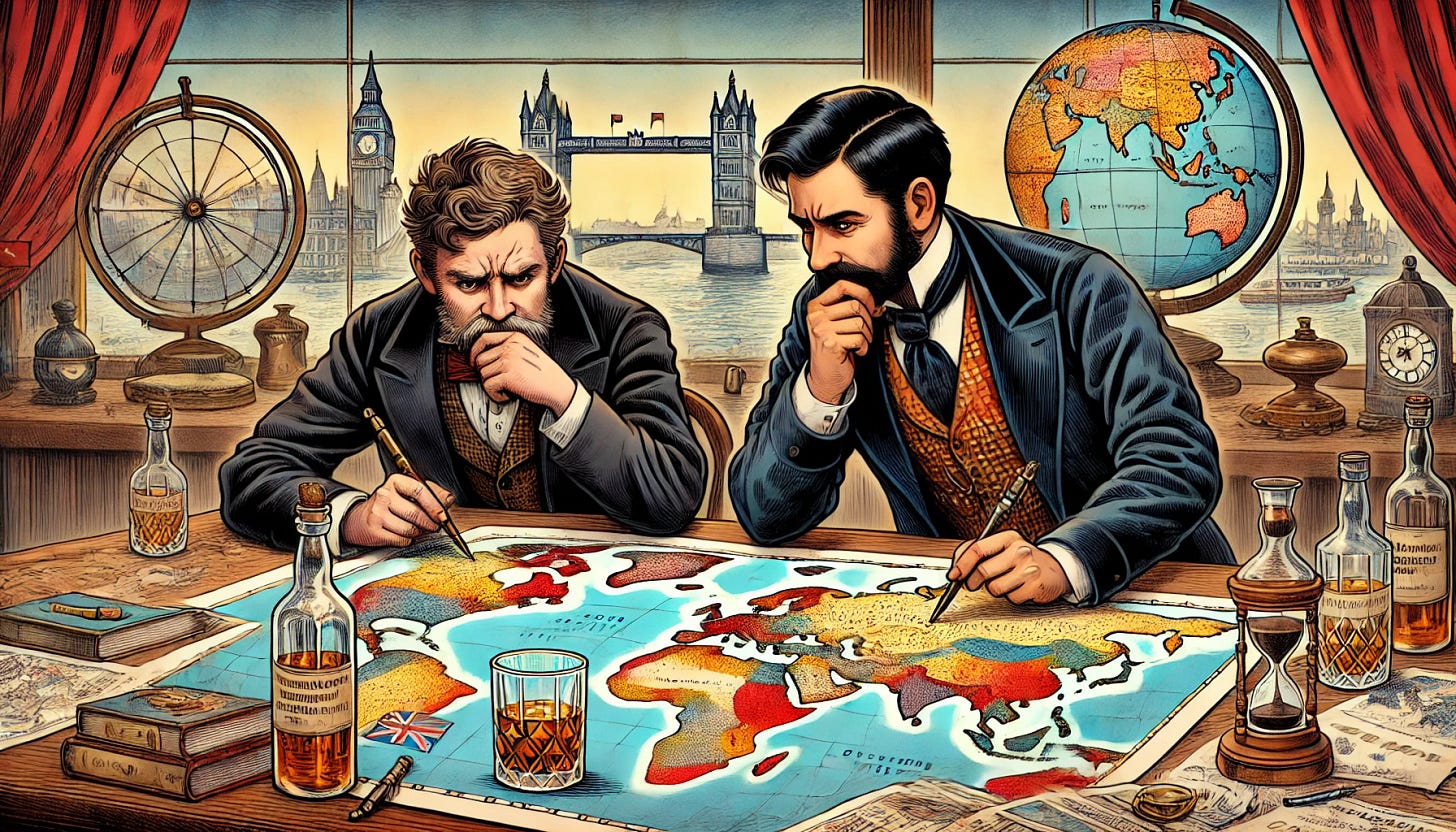 A colorful cartoon-style illustration of two different 19th-century cartographers poring over large maps of the Ottoman Empire. One has a furrowed brow, and both are concentrating intensely, using fountain pens to mark the map. They are dressed distinctly, with one in a formal suit and the other in a more casual vest and shirt. Whiskey glasses sit on the table. In the background, London landmarks like Big Ben and Tower Bridge can be seen. The scene is set in a room with wooden tables, an old-fashioned globe, and an imperial atmosphere.