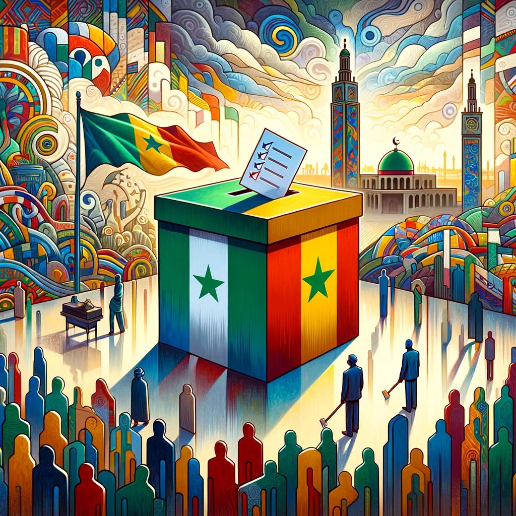 An abstract, artistic representation of Senegal's elections. The image should include symbolic elements like ballot boxes, voting papers, and stylized figures of people casting votes. The background could feature iconic Senegalese landmarks or landscapes, with a color scheme and patterns reflecting the vibrant culture of Senegal. The style should be expressive and colorful, capturing the essence of democracy and the cultural identity of Senegal. The composition should convey a sense of participation, hope, and national pride associated with the election process.