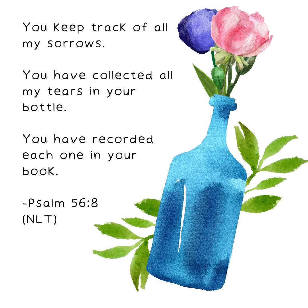 A blue vase with flowers alongside the text from the Psalm "You keep track of all my sorrows. You have collected my tears in your bottle. You have recorded each one in your book."