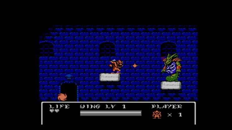 A screenshot from a boss battle in Gargoyle's Quest II, with Firebrand firing off his most basic shot at a dragon creature with a demon face embedded in its chest.