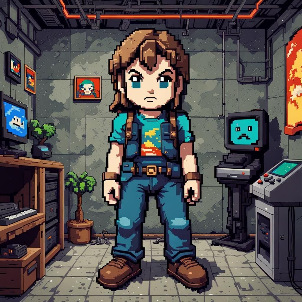 Artistas em estilo 8-bit, cada um com seu estilo único, exibem suas obras digitais. Alguns comemoram vendas bem-sucedidas, enquanto outros t...