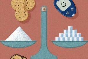 A colorful scientific illustration. A balanced scale with sugar on one side and artificial and natural sweeteners on the other. The sweetener side outweighs the sugar side. Biscuits and a blood sugar meter with a smiley face are in the background.