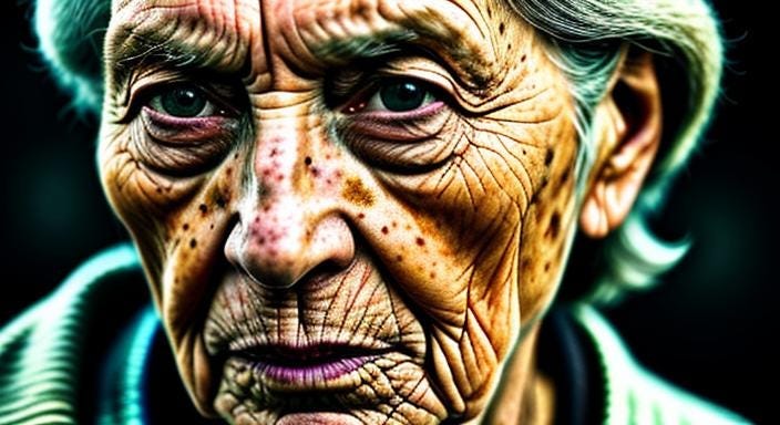 Older woman with wrinkles and freckles, close up