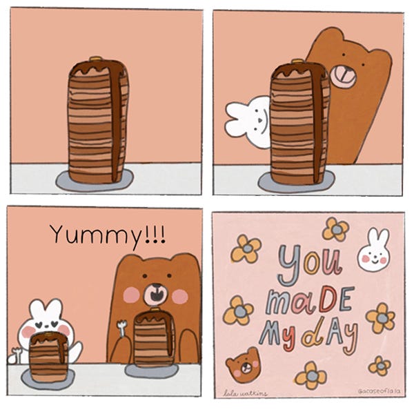 A tall stack of pancakes. A brown bear and a white bunny peek out from behind the stack of pancakes. Yummy. The bunny has half of the stack on a plate. The bear has the other half. They are both holding a fork. A bunny face and a bear face and daisy flowers float in the words, “You made my day.”