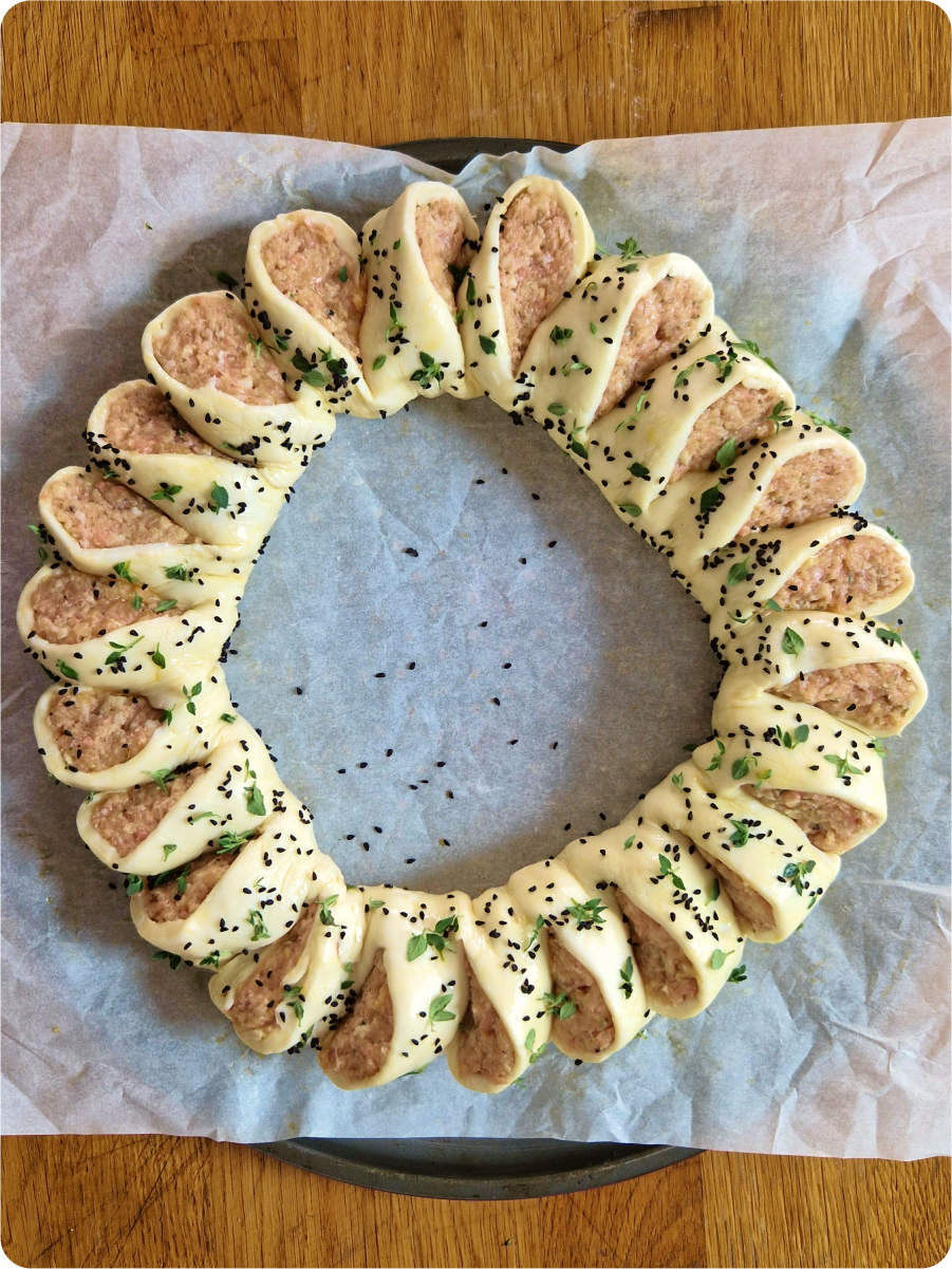 Sausage Roll Wreath before baking