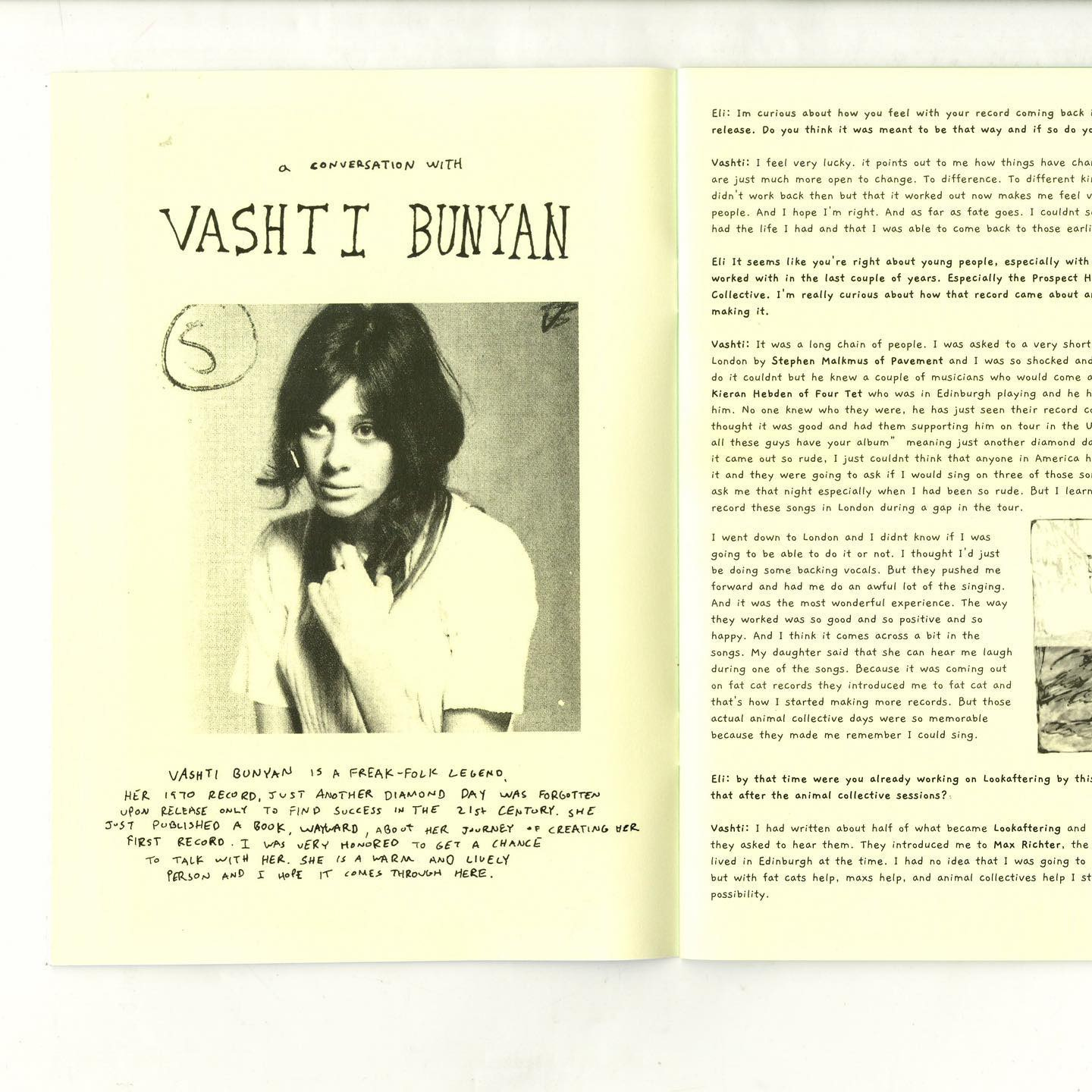 A photo of a page of Unresolved zine that features an interview with singer Vashti Bunyan.