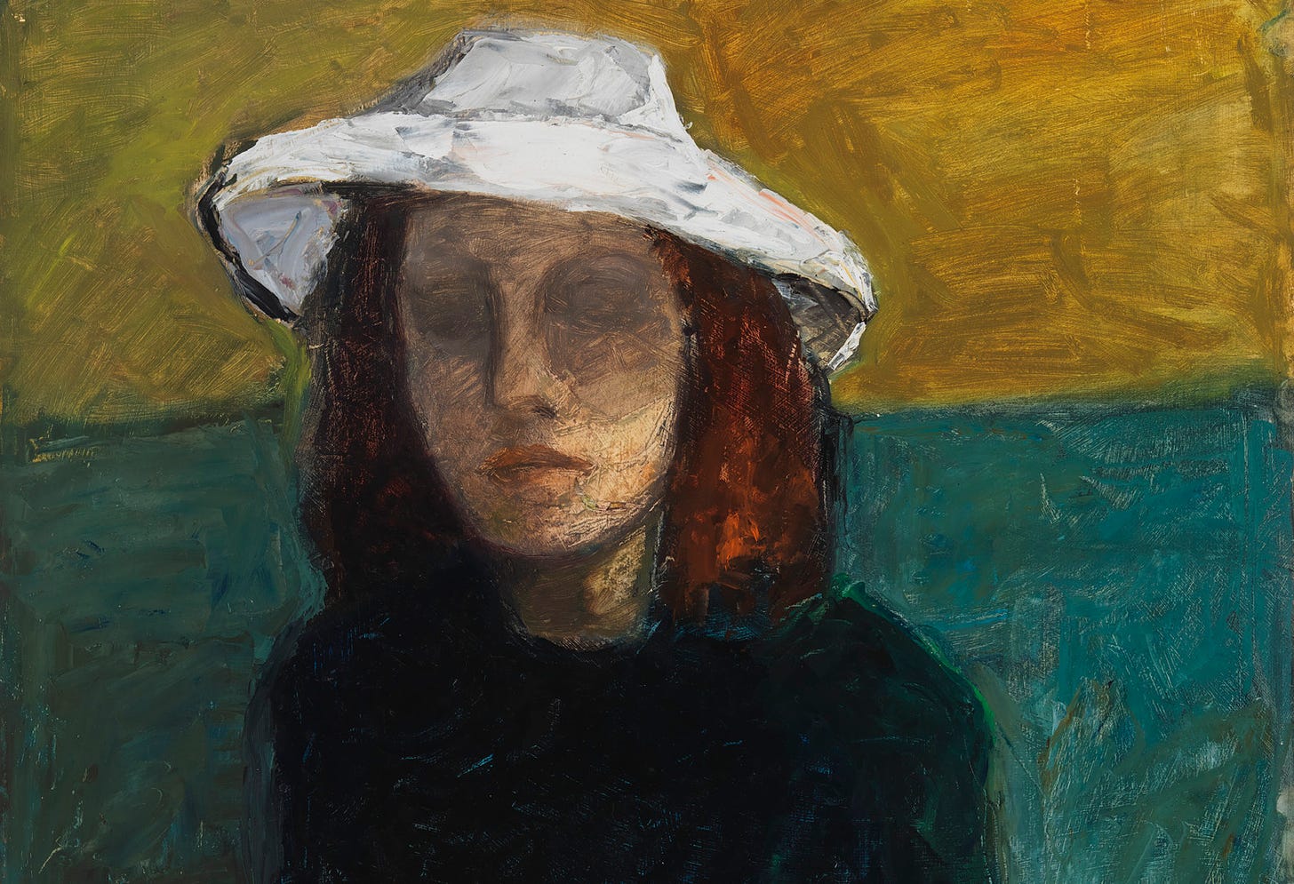 A self-portrait by painter Elga Sesemann, featuring a woman with a white hat, eyes closed.