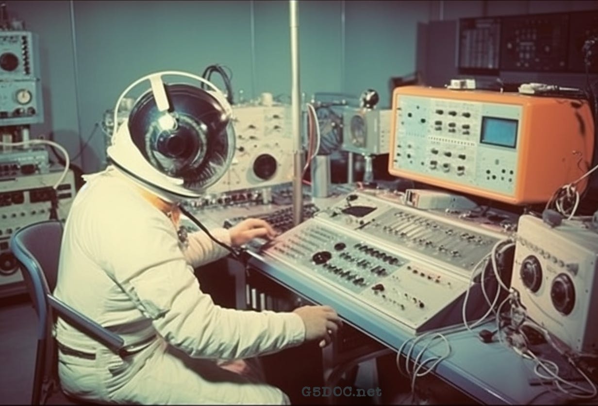 What looks like a person in a space suit sits at what looks like a cross between a mixing desk and ham radio gear. The image is generated with midjourney using the prompt 'An AI doing Ham Radio'.