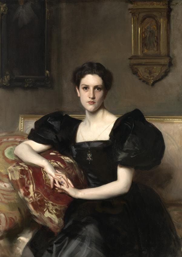 This may contain: a painting of a woman in black dress sitting on a red and gold couch with her arms crossed