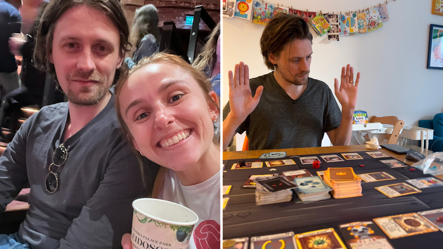 L: Hannah & Dan at the theatre; R: Dan at the kitchen table with a tabletop game set up in front of him and his hands in the air