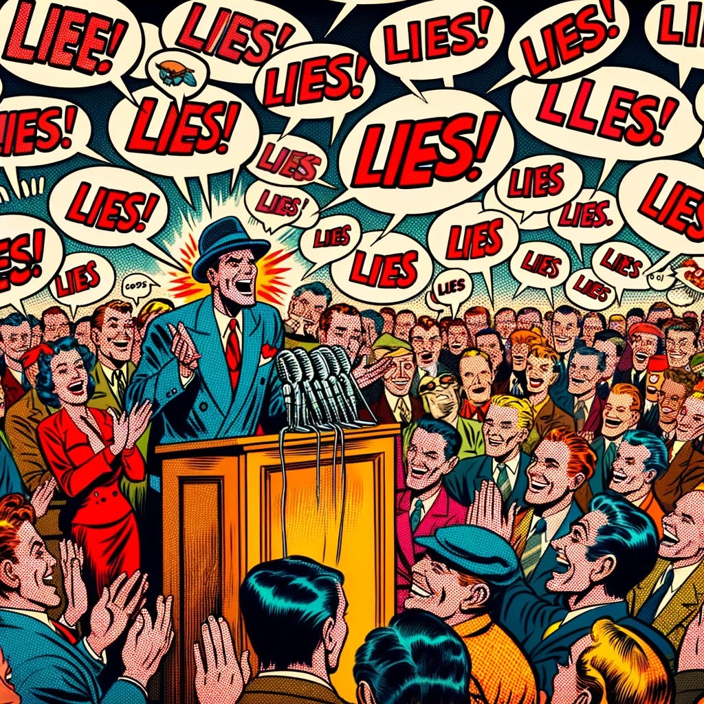 A 1930s comic book style illustration of a politician giving a speech, full of lies, as depicted by speech bubbles filled with exaggerated, nonsensical statements. The crowd around him is clapping and laughing, seemingly oblivious to the deceit. The scene captures the exaggerated expressions and dynamic poses typical of 1930s comic art, with bold lines and vibrant colors. The politician is at a podium, gesturing dramatically, while the diverse crowd shows people of different ages and backgrounds, all smiling and engaged in the spectacle.